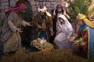 Nativity scene with baby jesus and wise men.