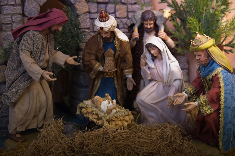 Nativity scene with baby jesus and wise men.