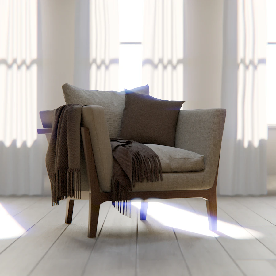 Comfortable armchair with blankets and pillows