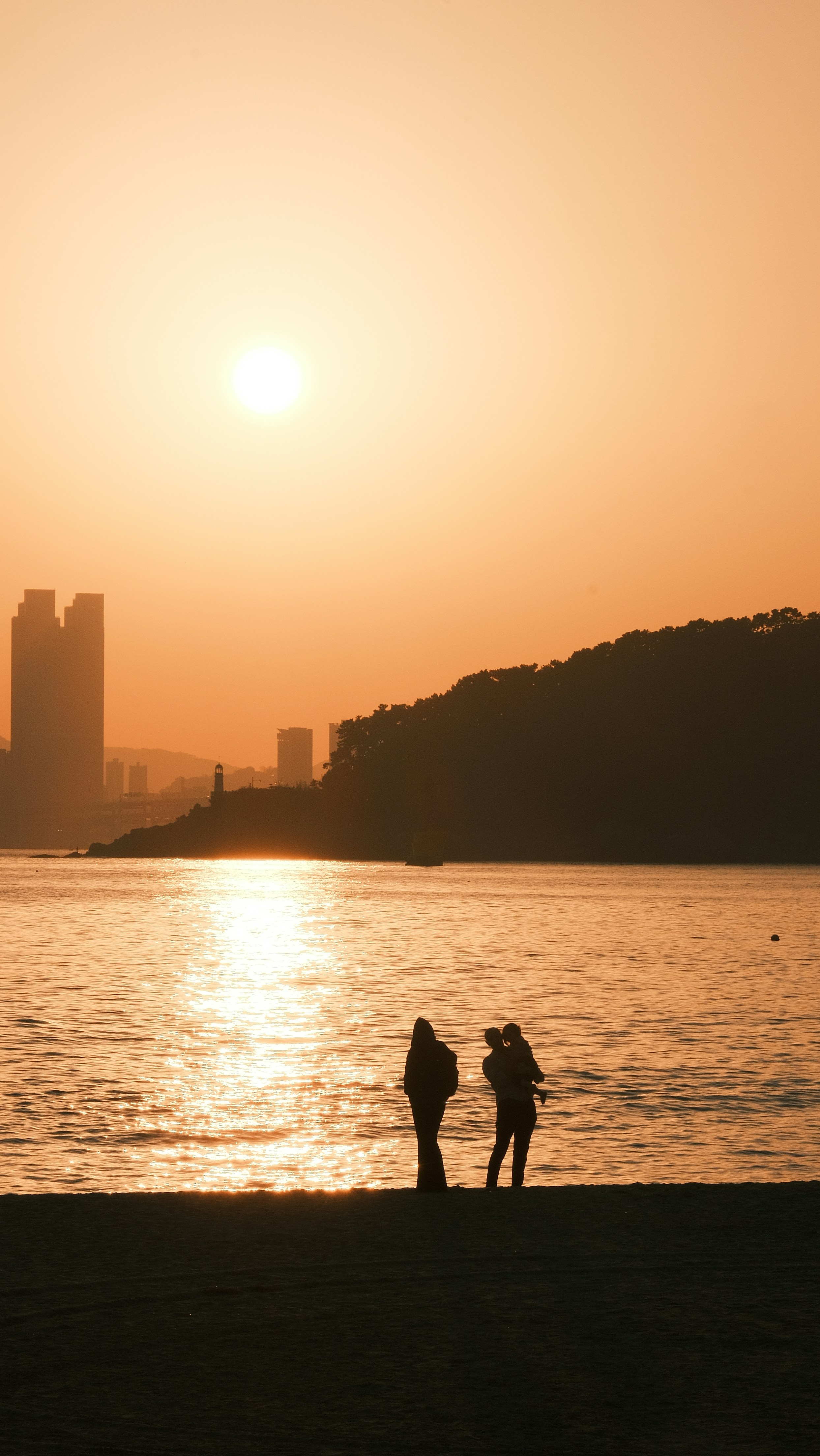 Silhouettes of people on a beach at sunset.
