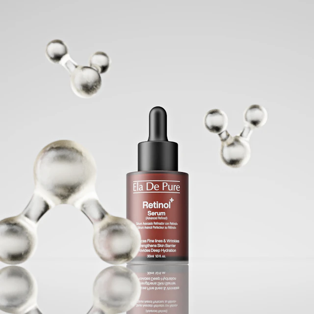 A retinol serum bottle with a dropper on a white background, surrounded by metallic molecular shapes