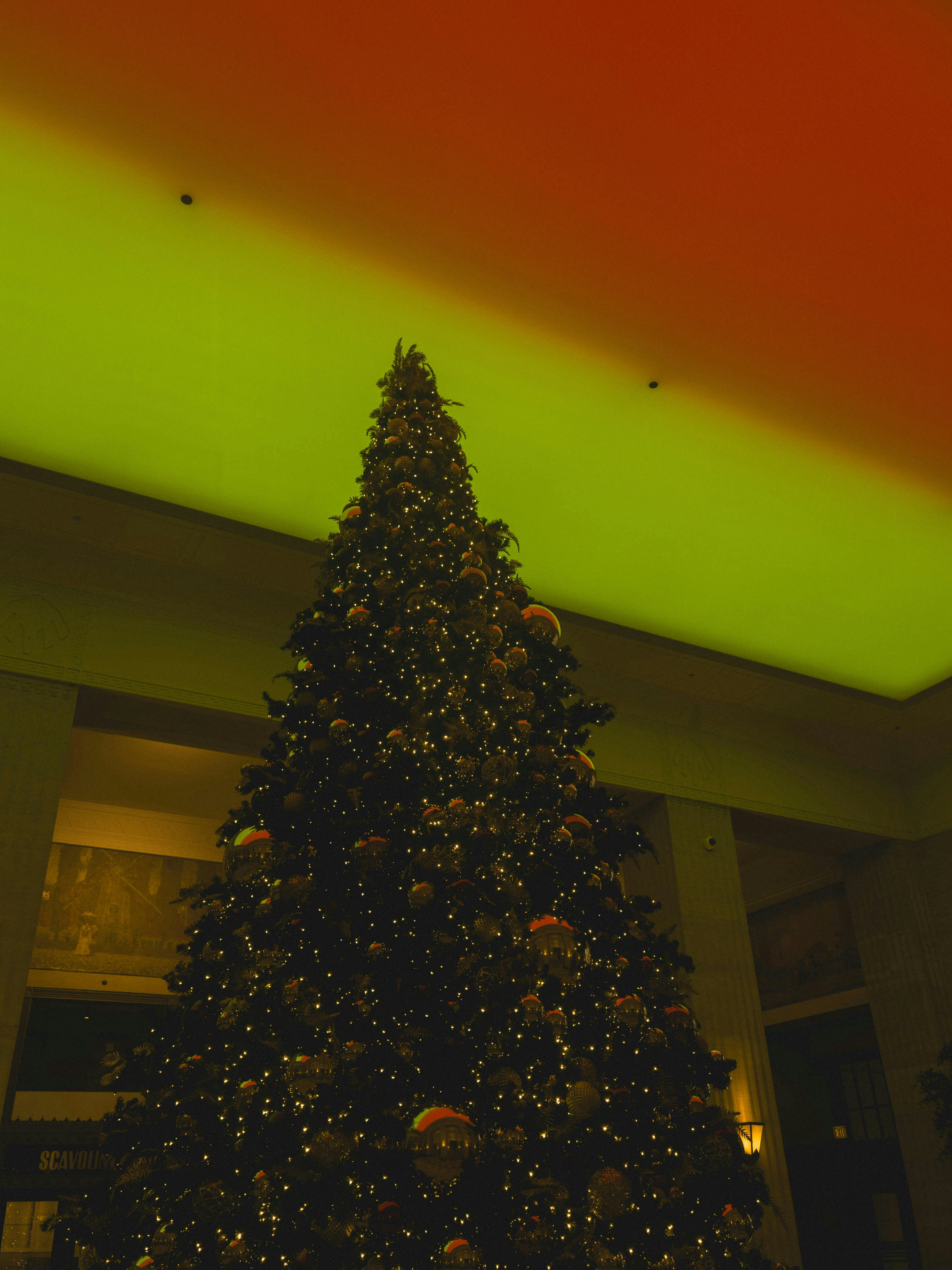 A decorated christmas tree with warm lights.