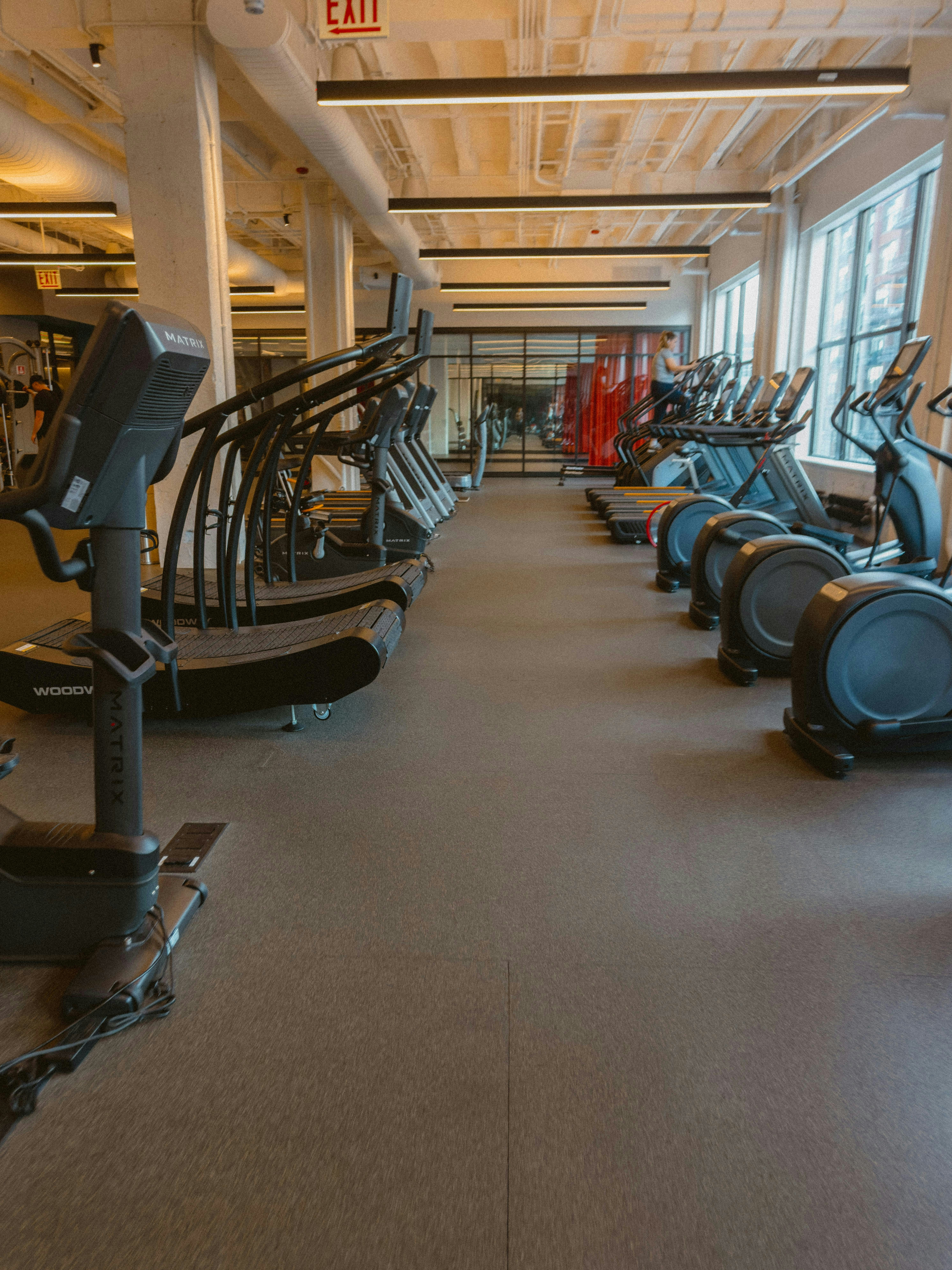 Row of cardio machines in a modern gym.