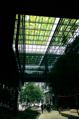 Modern building with a green glass ceiling and trees