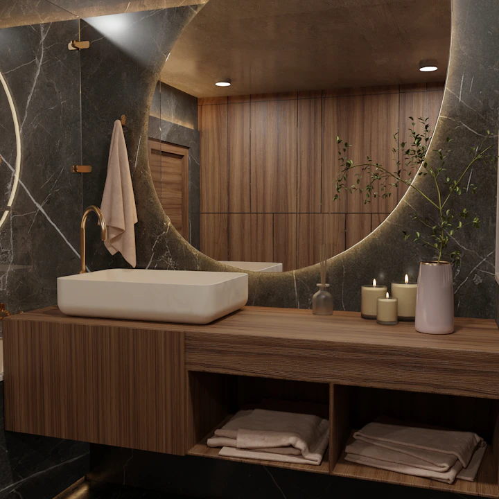 Bathroom vanity with a round backlit mirror and timber cabinetry