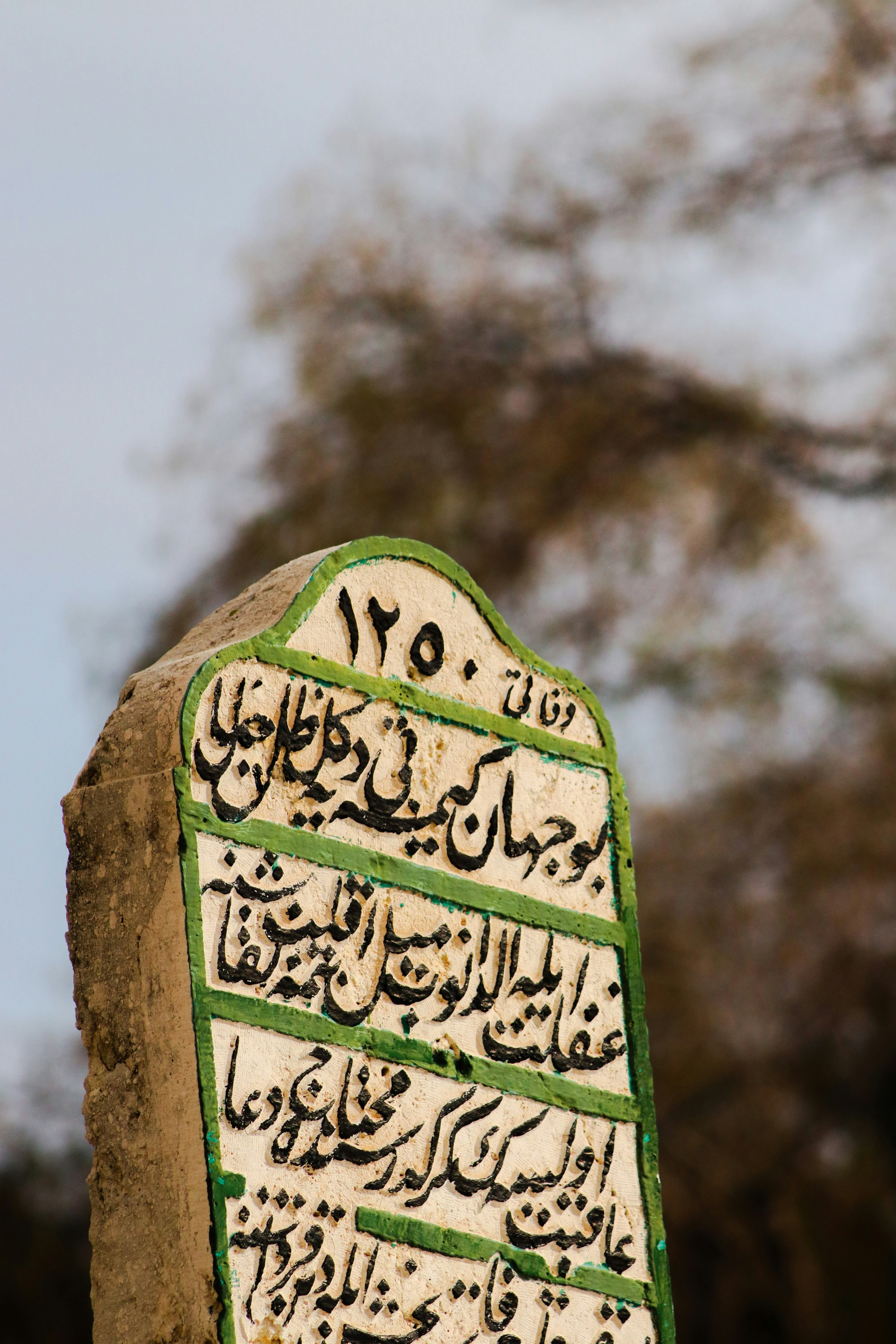 A weathered tombstone with arabic inscriptions under a tree