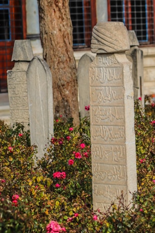 Ornate gravestones with arabic inscriptions in a garden