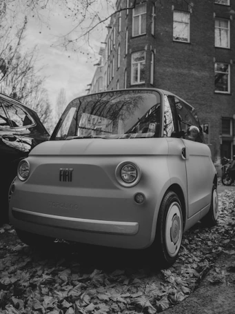 A vintage fiat 500 car parked on a leaf-covered street.