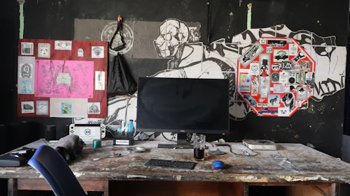 A designer's desk covered in work in progress