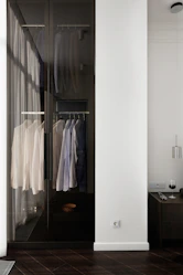 Modern closet with hanging shirts and dark wood floor.