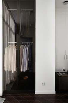 Modern closet with hanging shirts and dark wood floor