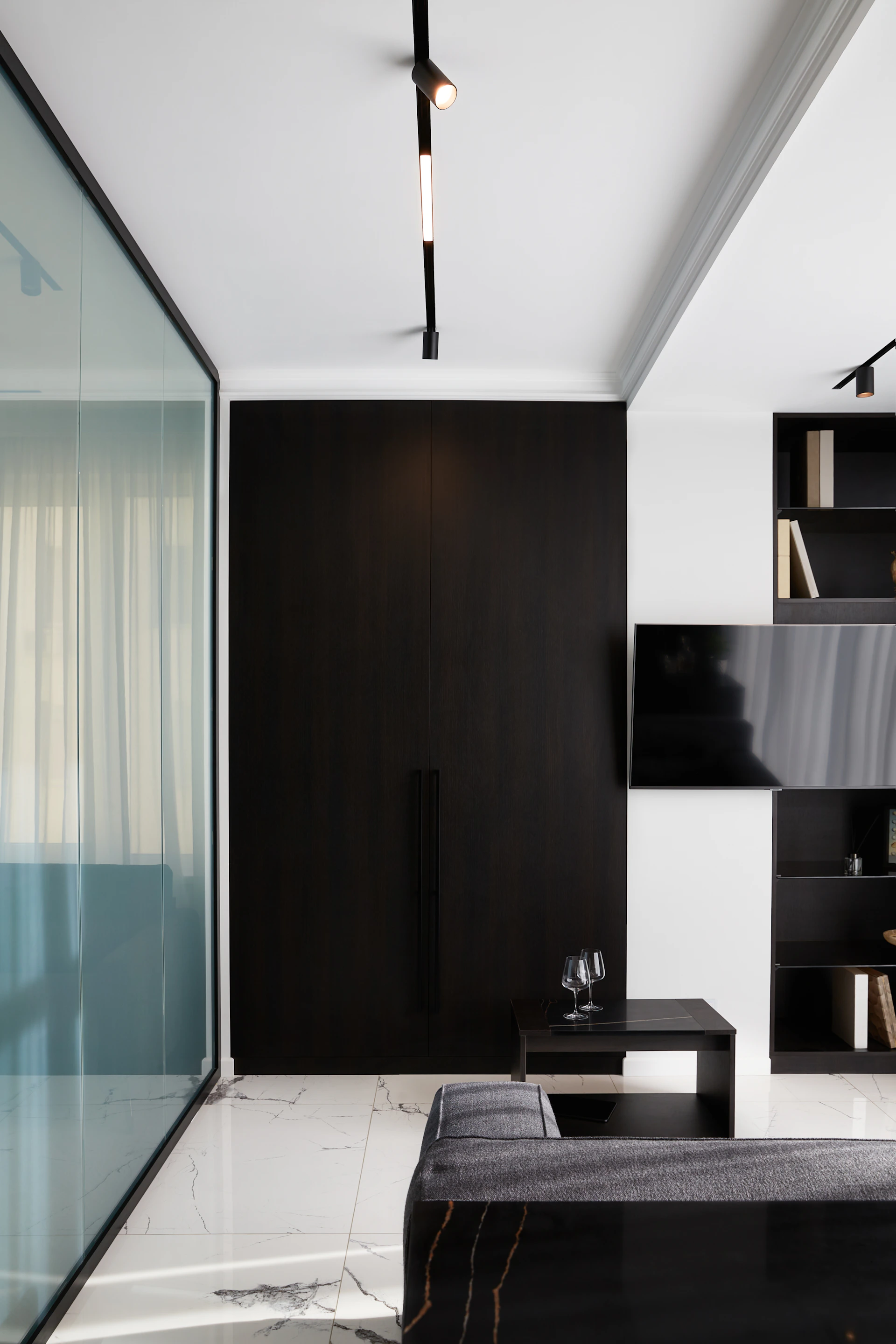 Modern living room with black and white decor