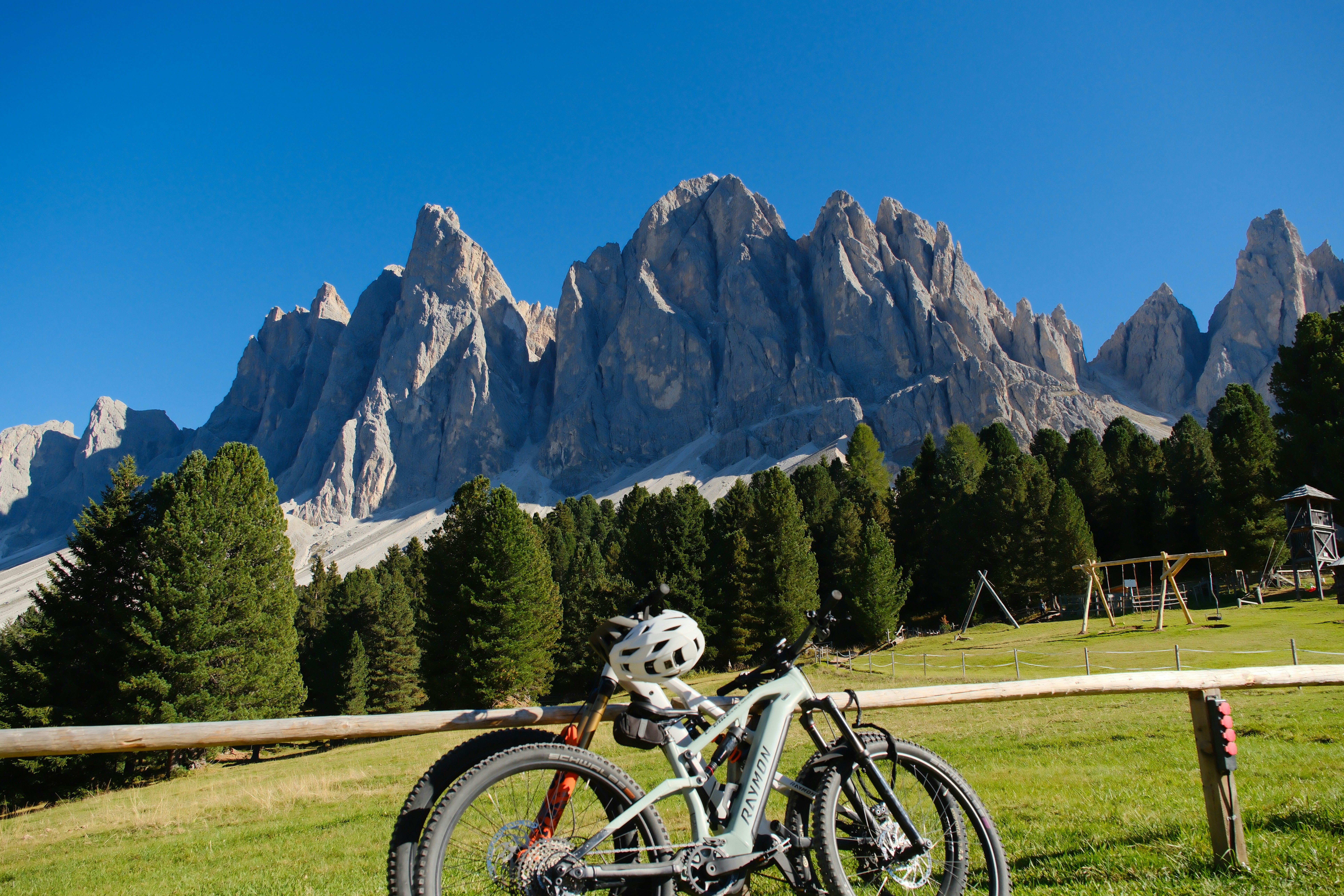 Mountain range with trees and bicycle in foreground bicycle