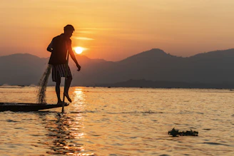 Fisherman casting net on lake at sunset