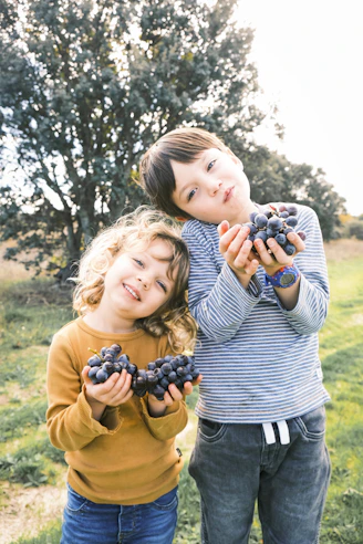 Two children holding bunches of fresh grapes