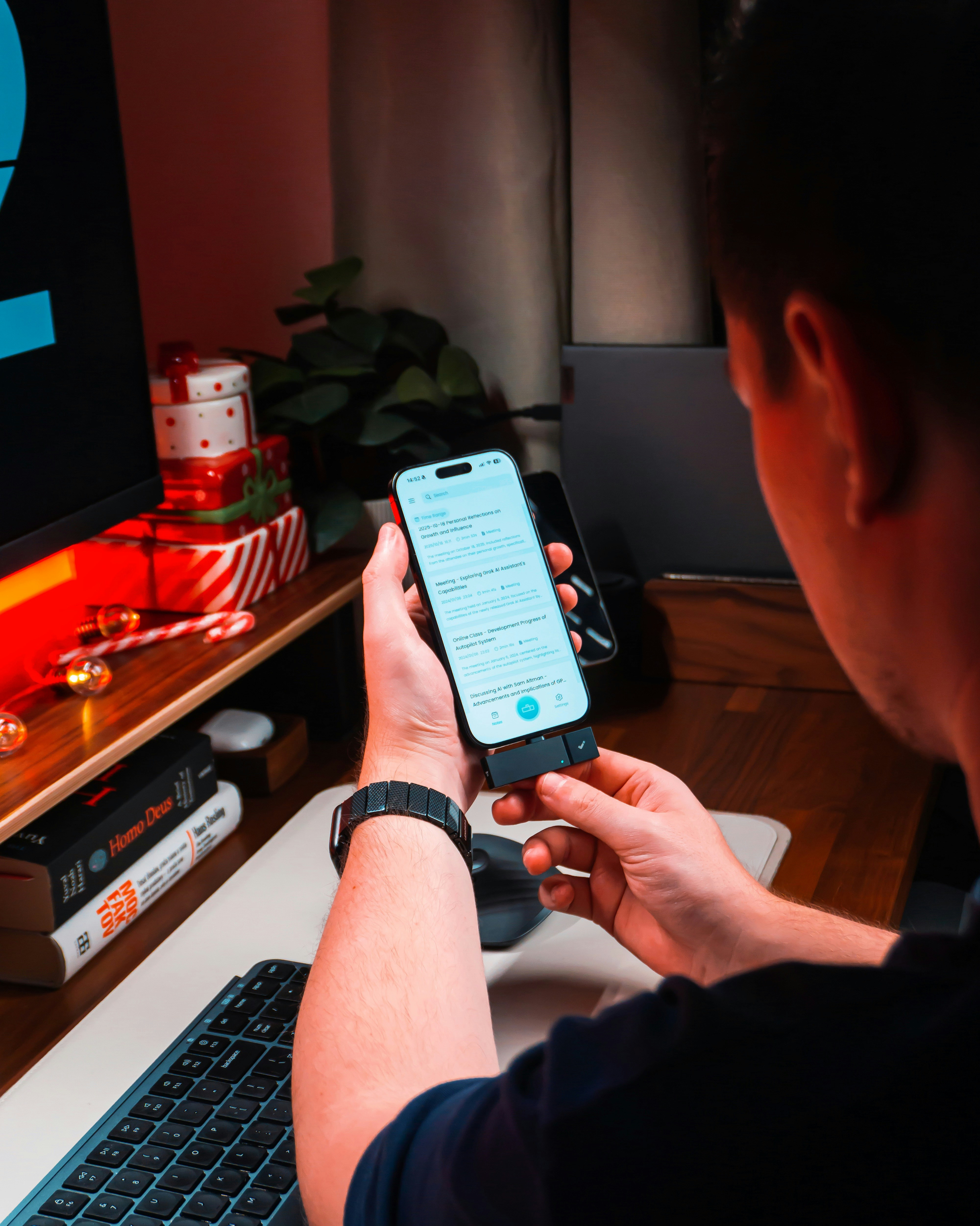 Person holding a smartphone with a keyboard attachment.