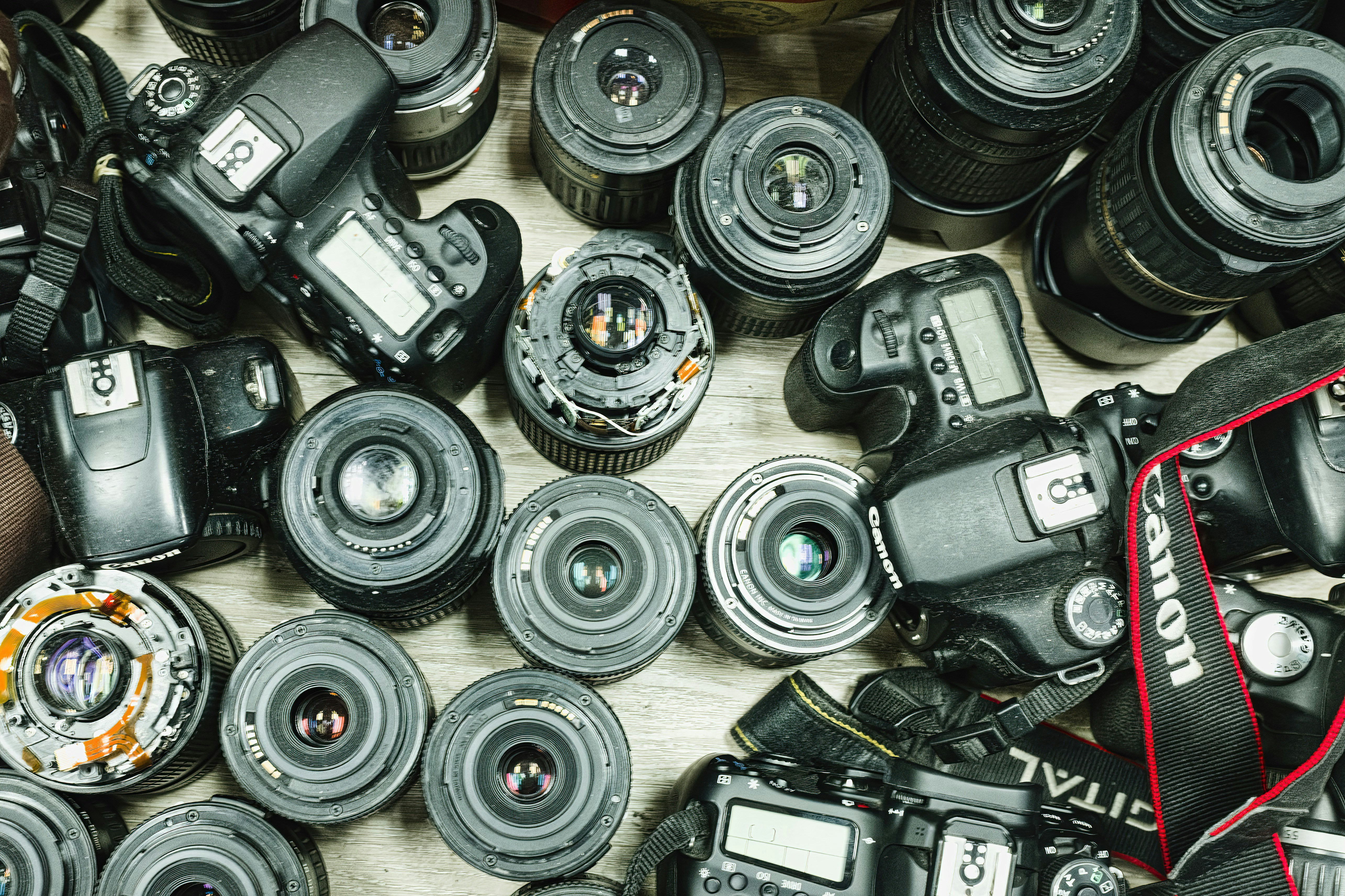 Collection of camera lenses and bodies