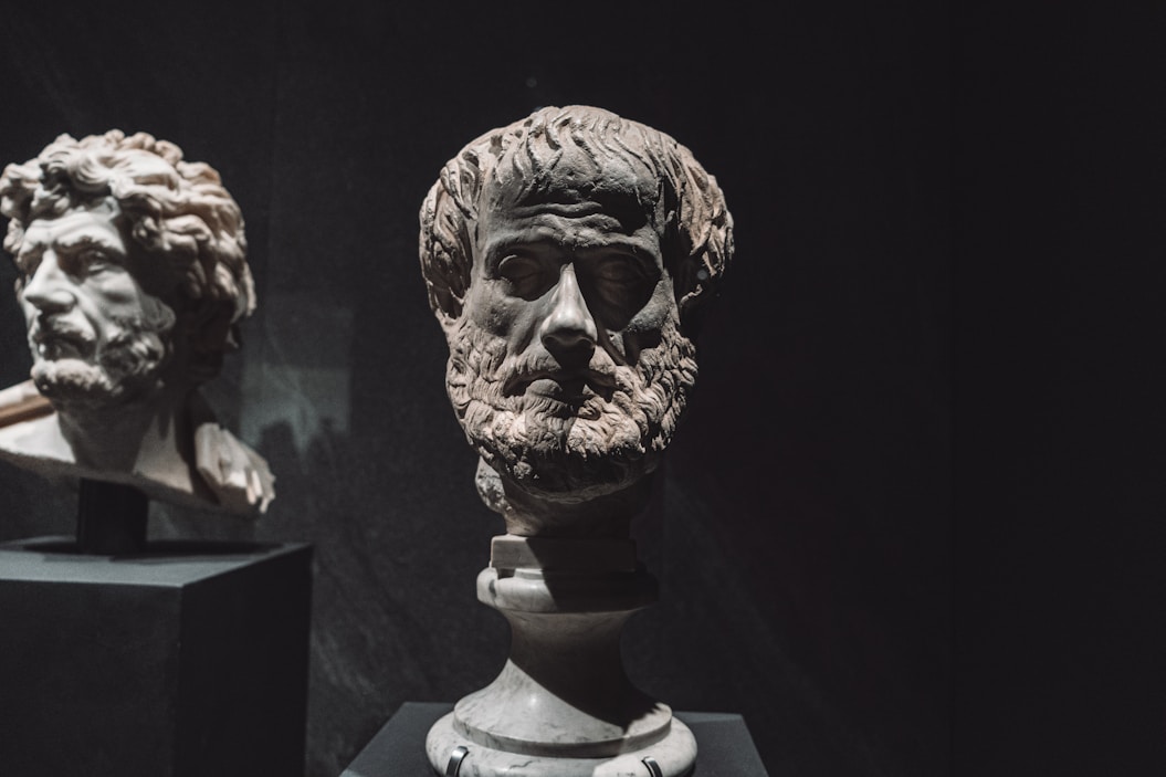 Two ancient marble busts displayed in a museum.