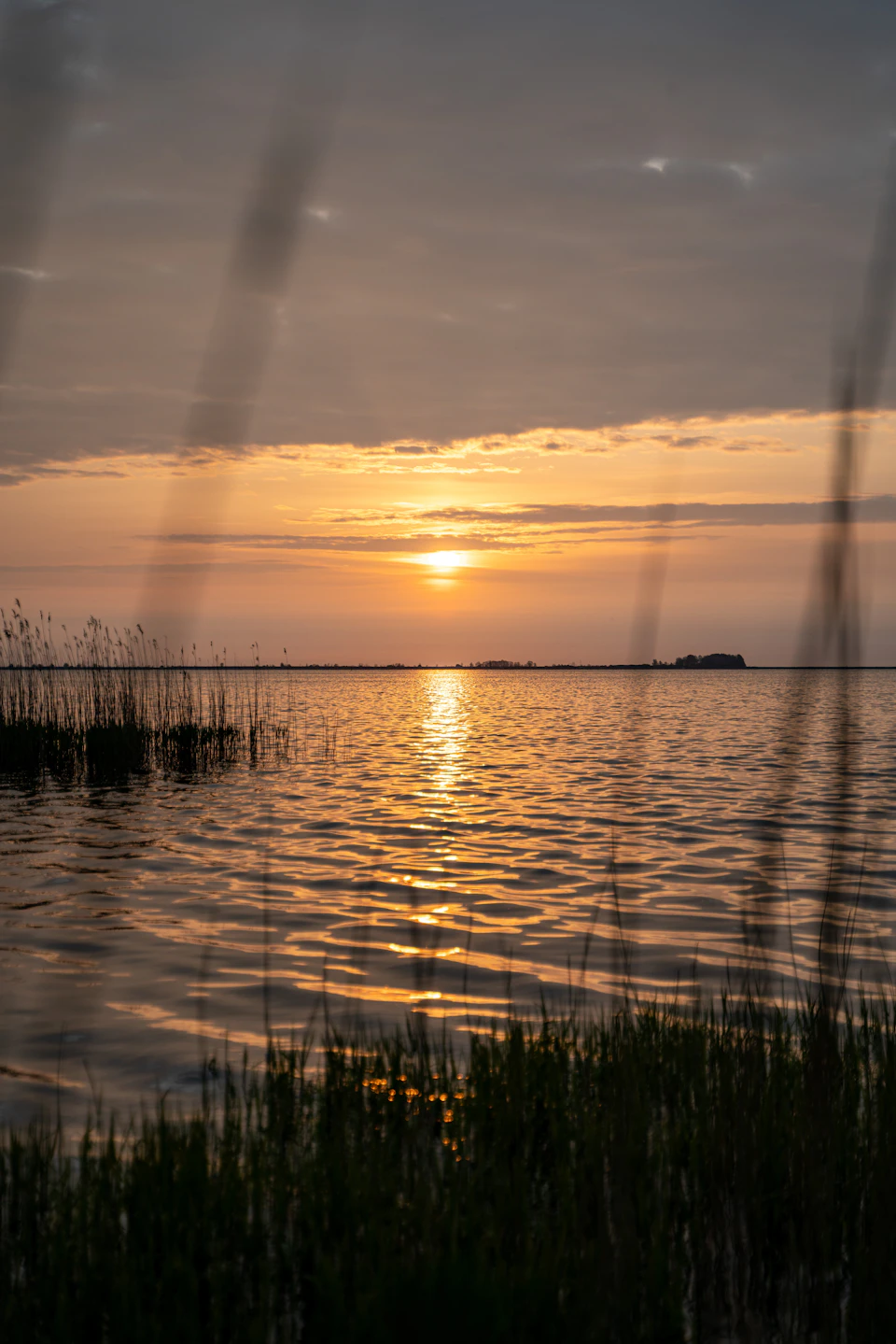 Sunset over calm waters with warm glow casting long shadows on the surface