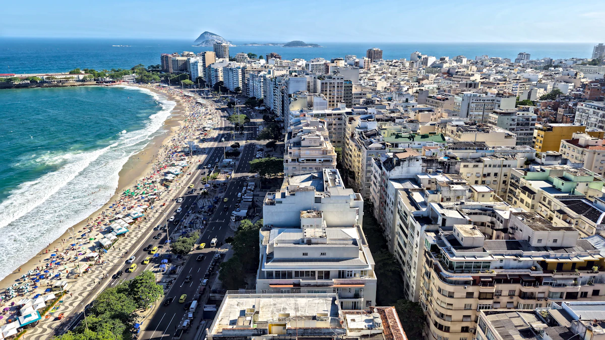 Aerial view of Copacabana beach and the surrounding Rio skyline