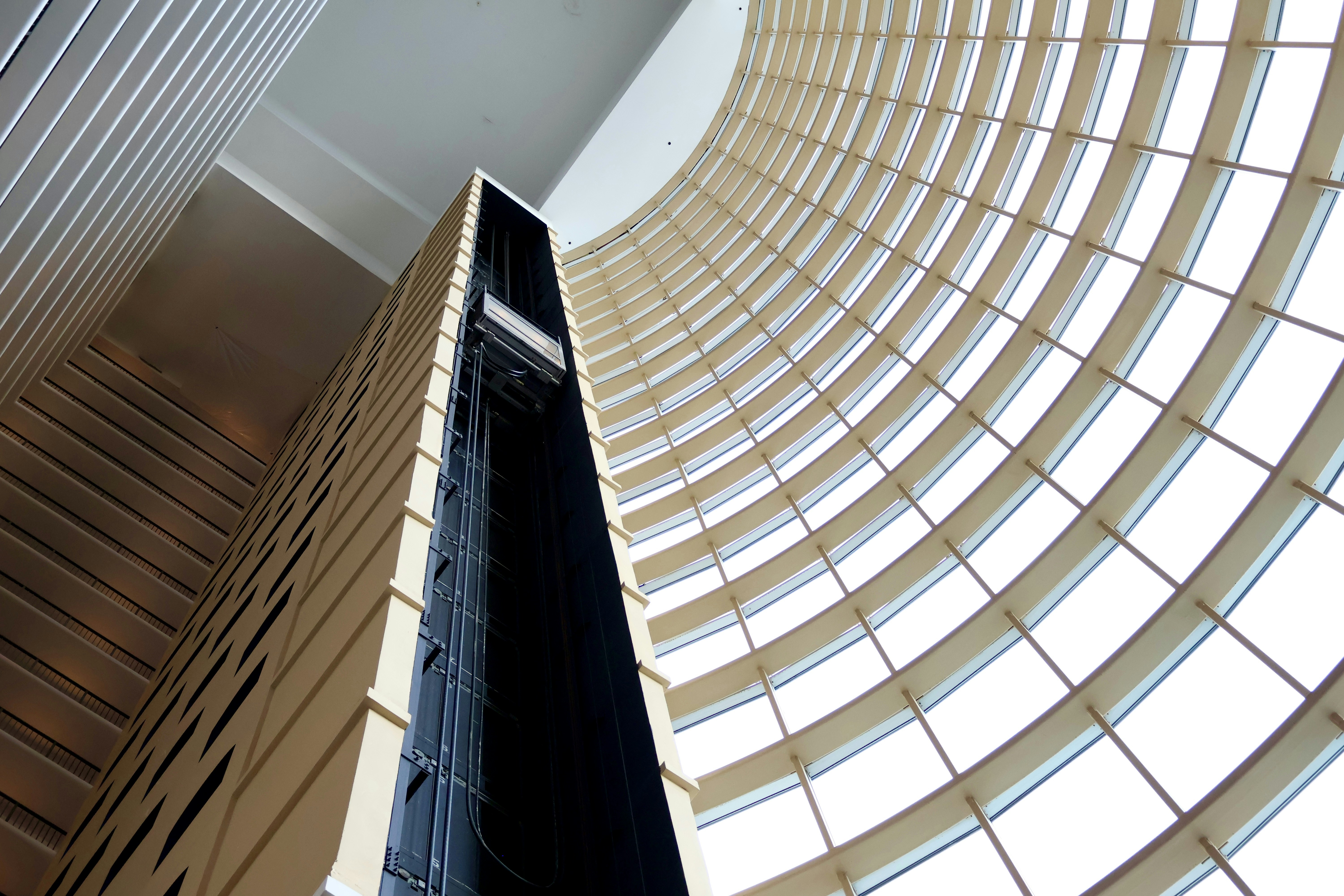 Modern building interior with curved glass windows