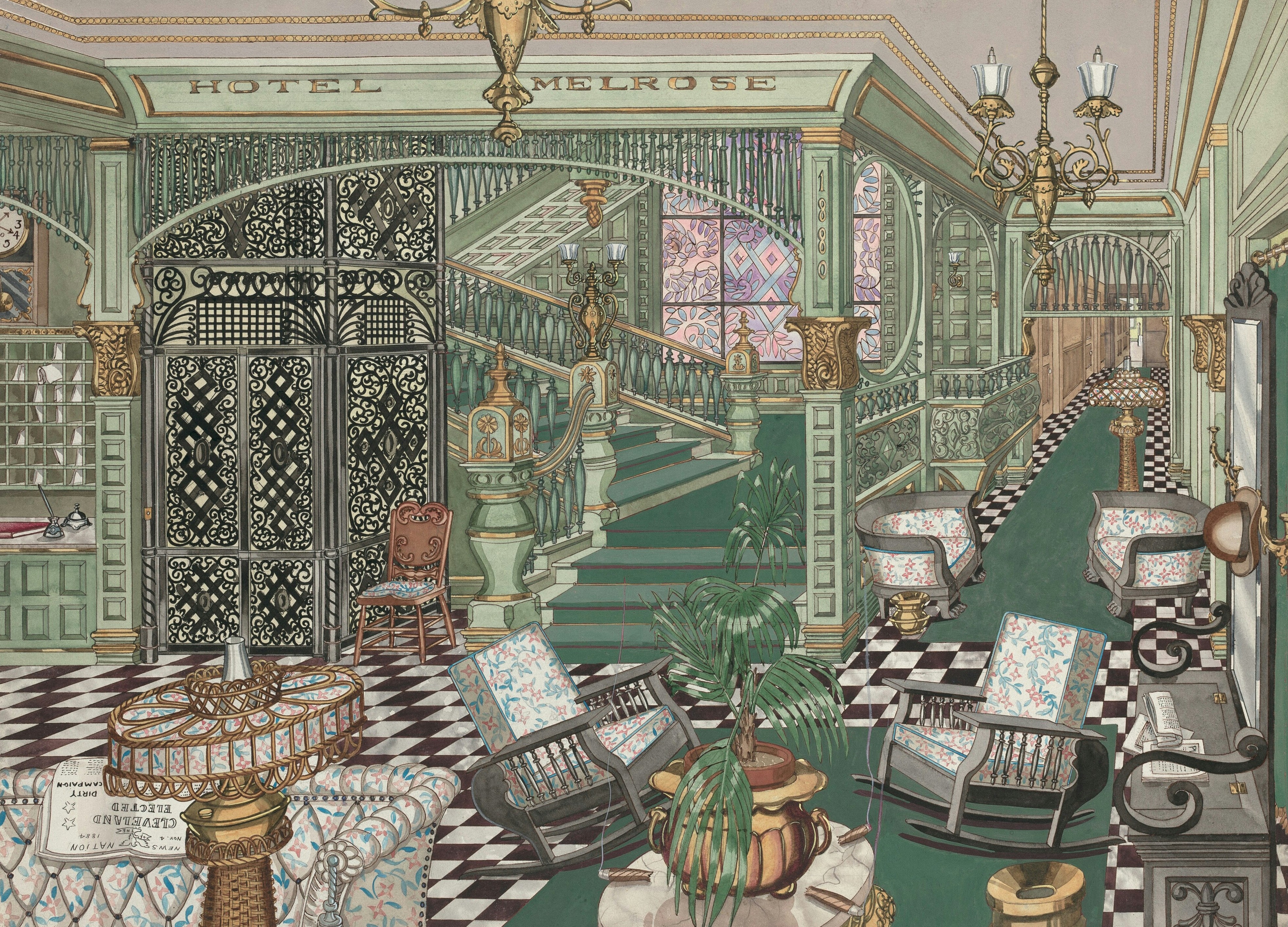Ornate hotel lobby with grand staircase and vintage typewriters