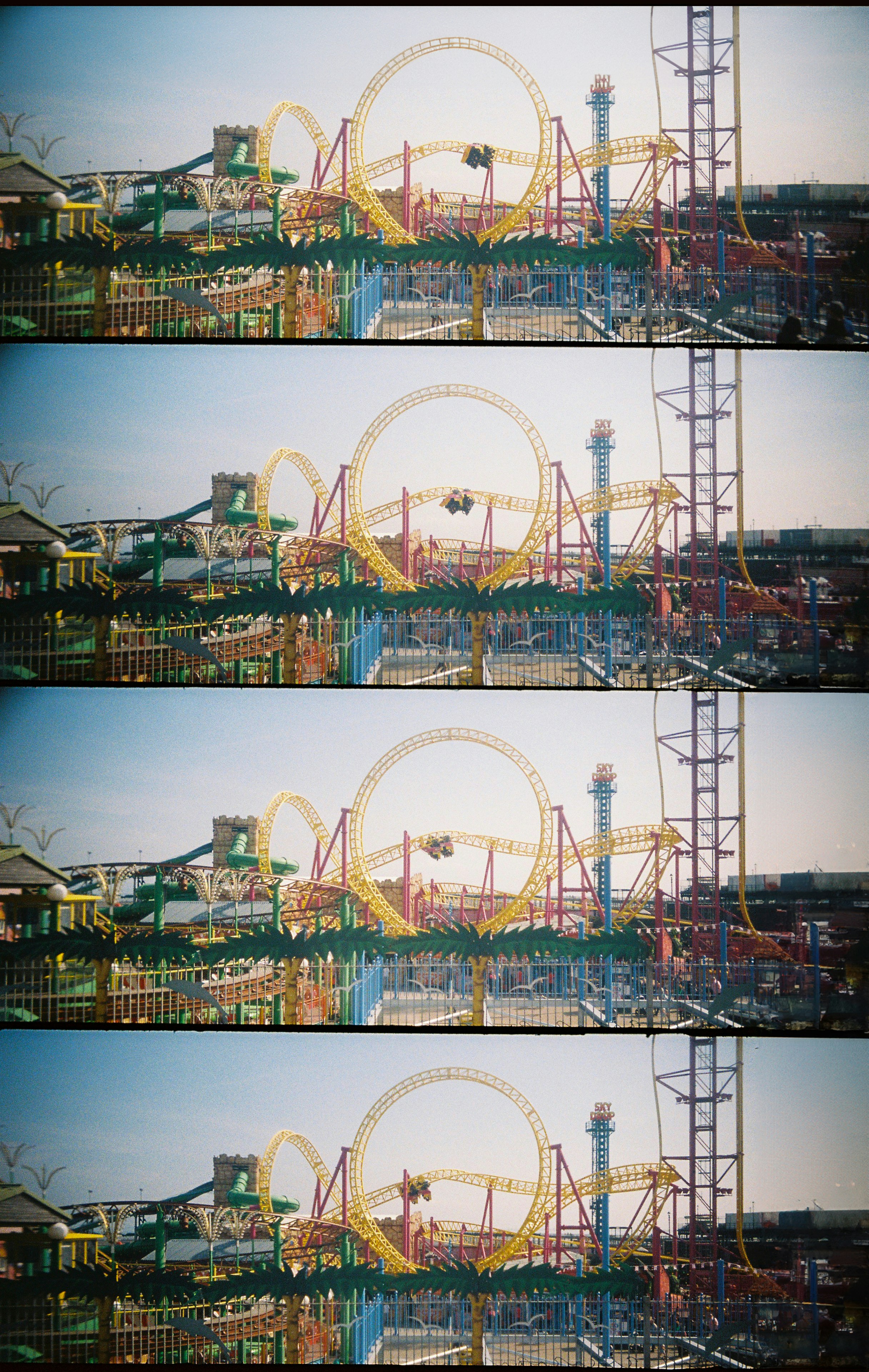 Roller coaster with loops at an amusement park