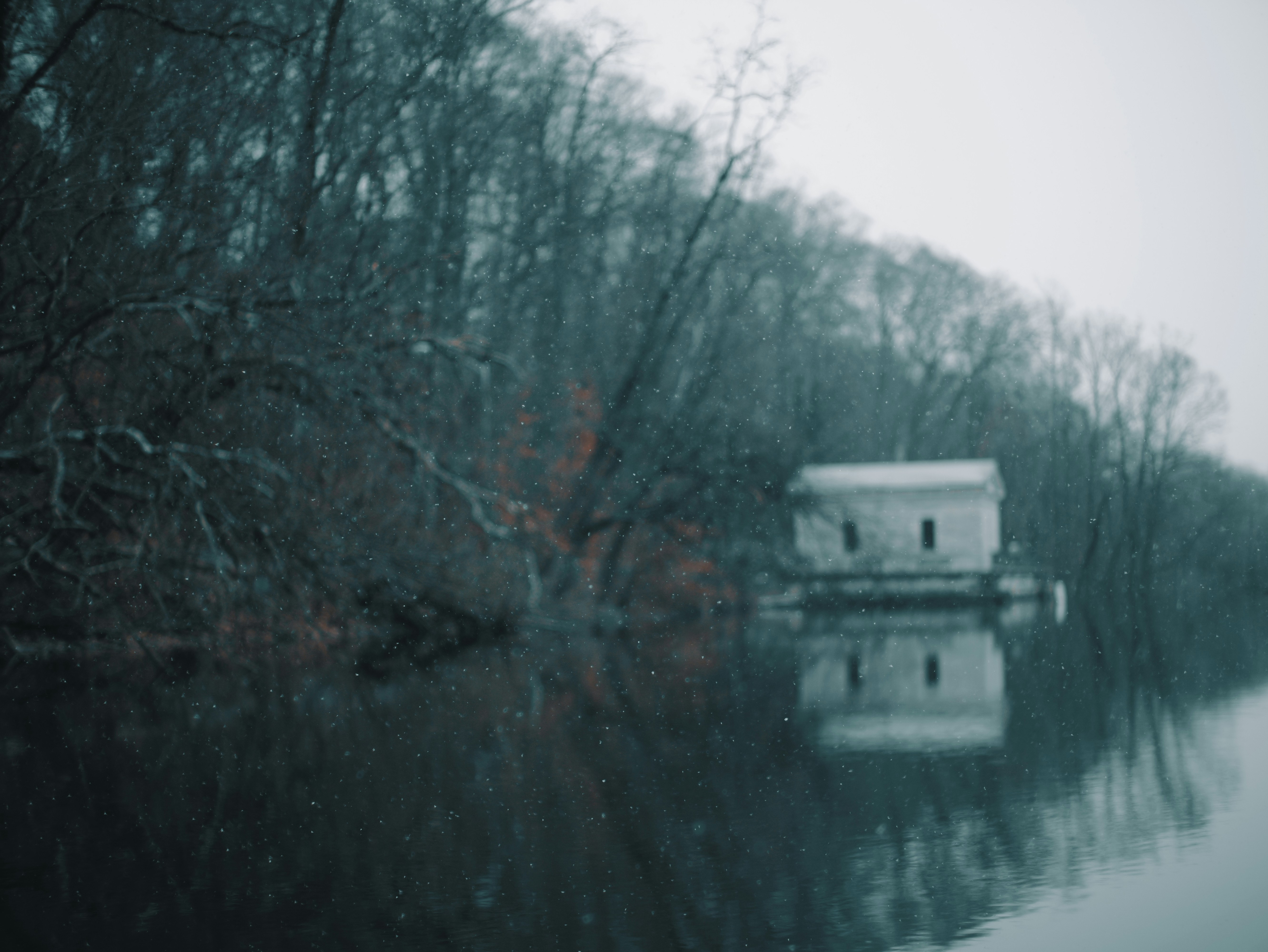 Old boathouse on a lake surrounded by trees