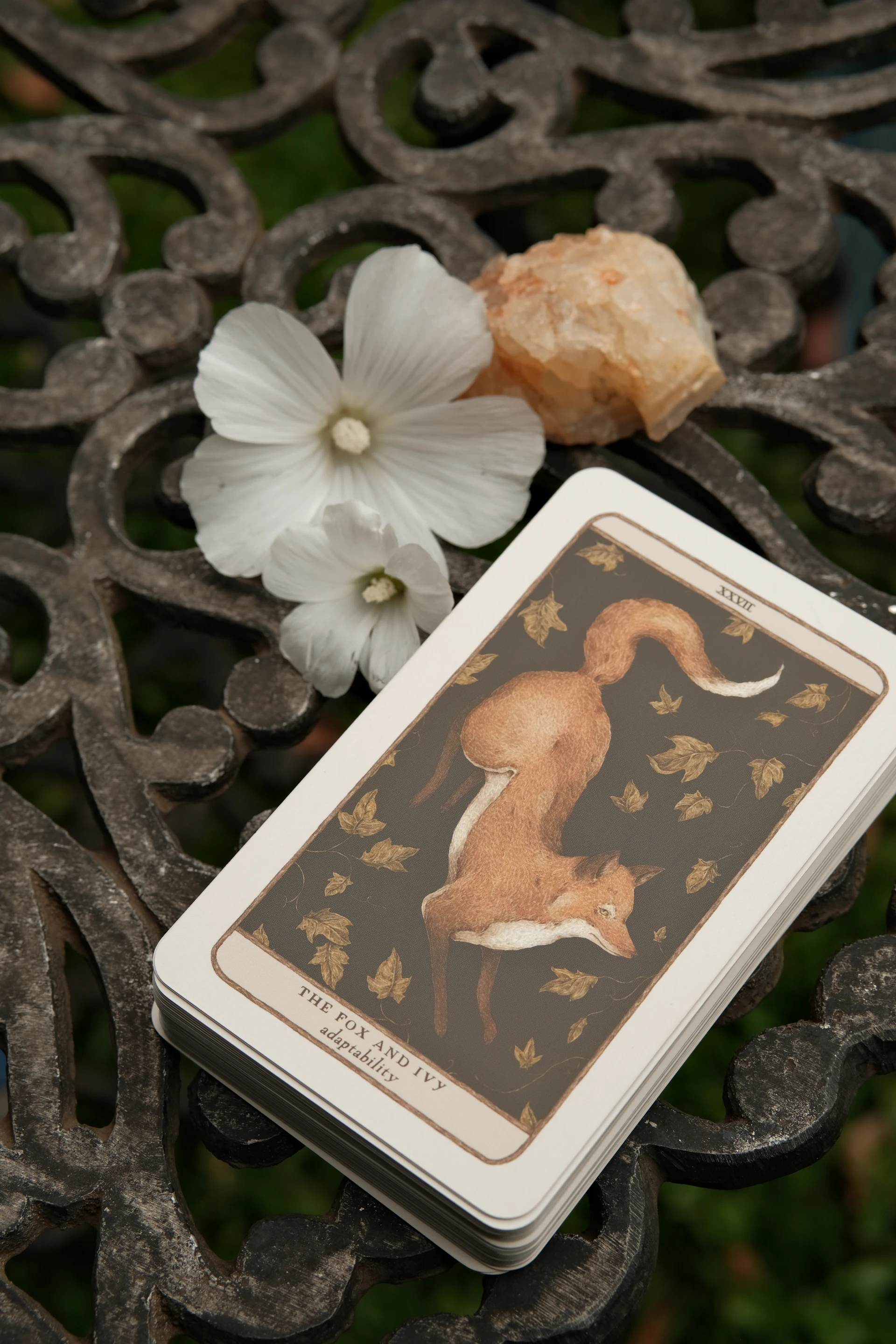 Tarot card with foxes and leaves, flowers, crystal