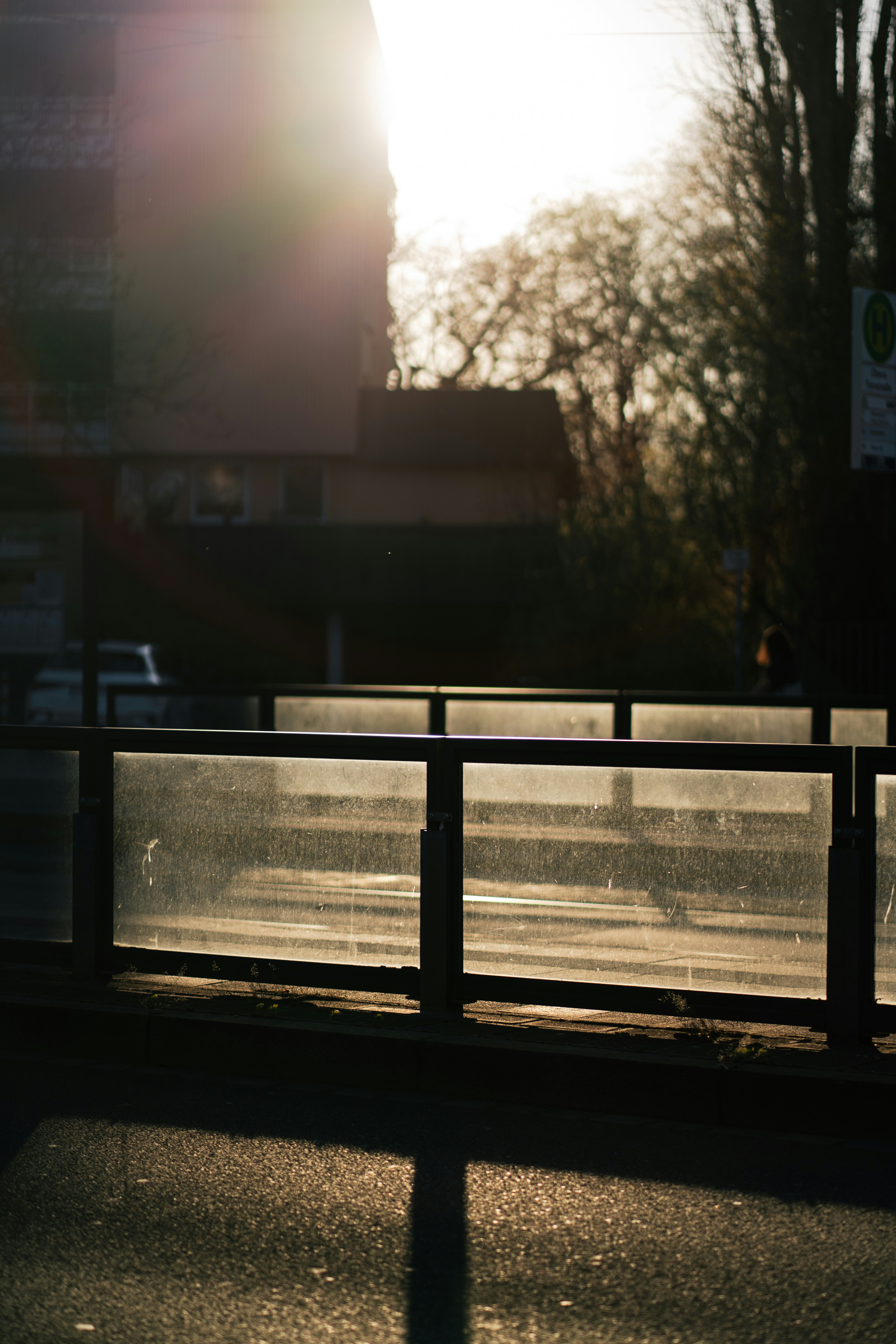 Sunlight shines on a glass railing and street.