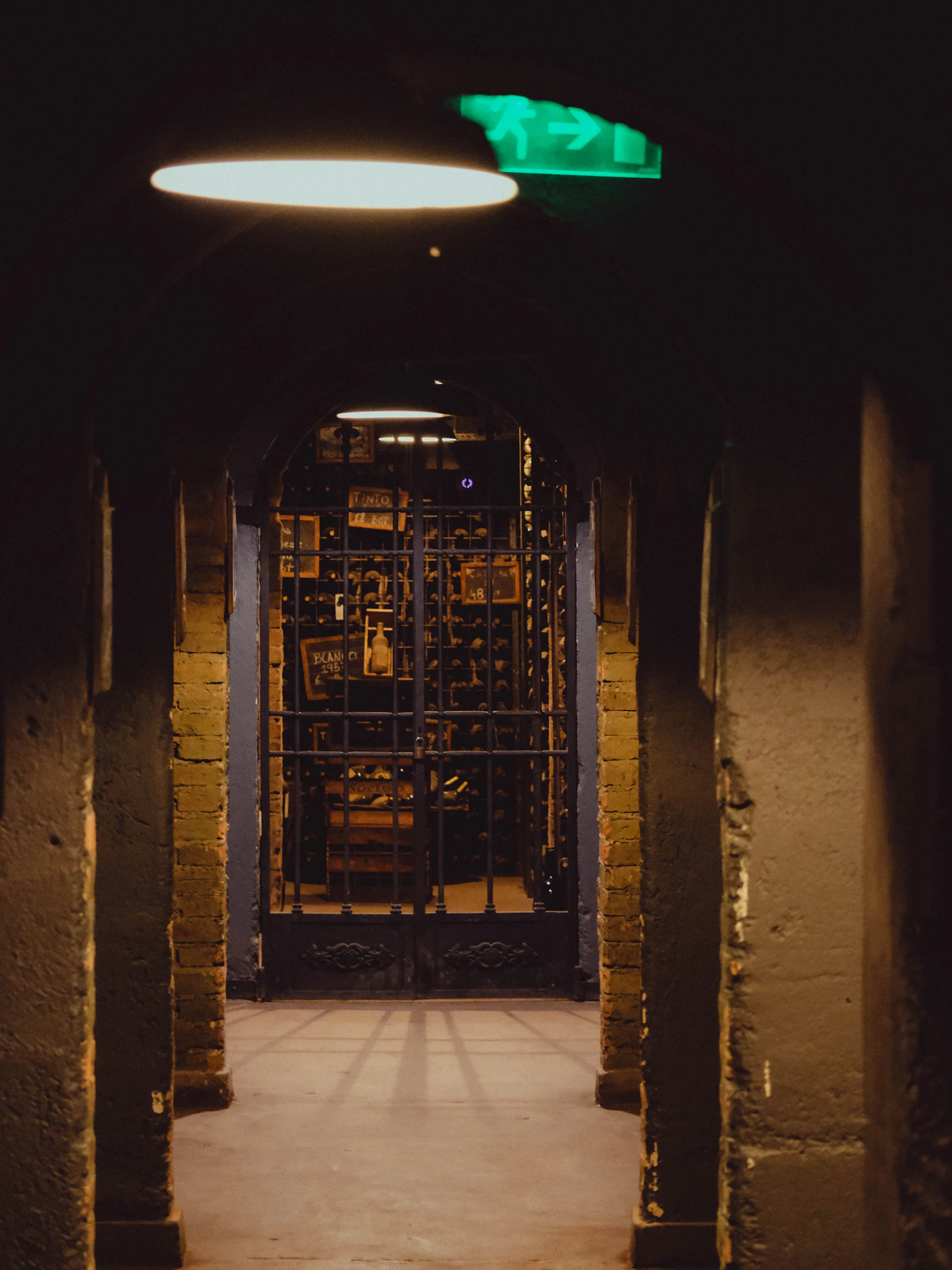 Dimly lit wine cellar with bottle racking and metal gate