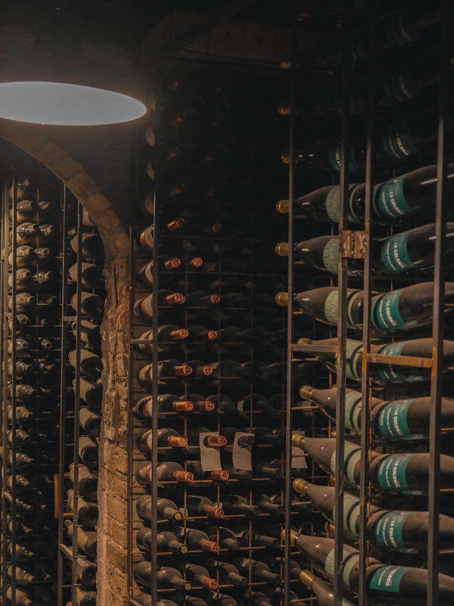 Rangées de bouteilles de vin conservées en cave