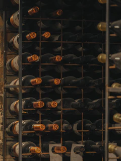 Bottles of wine stored on a rack