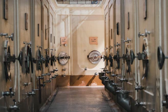 Rows of large fermentation tanks in a winery