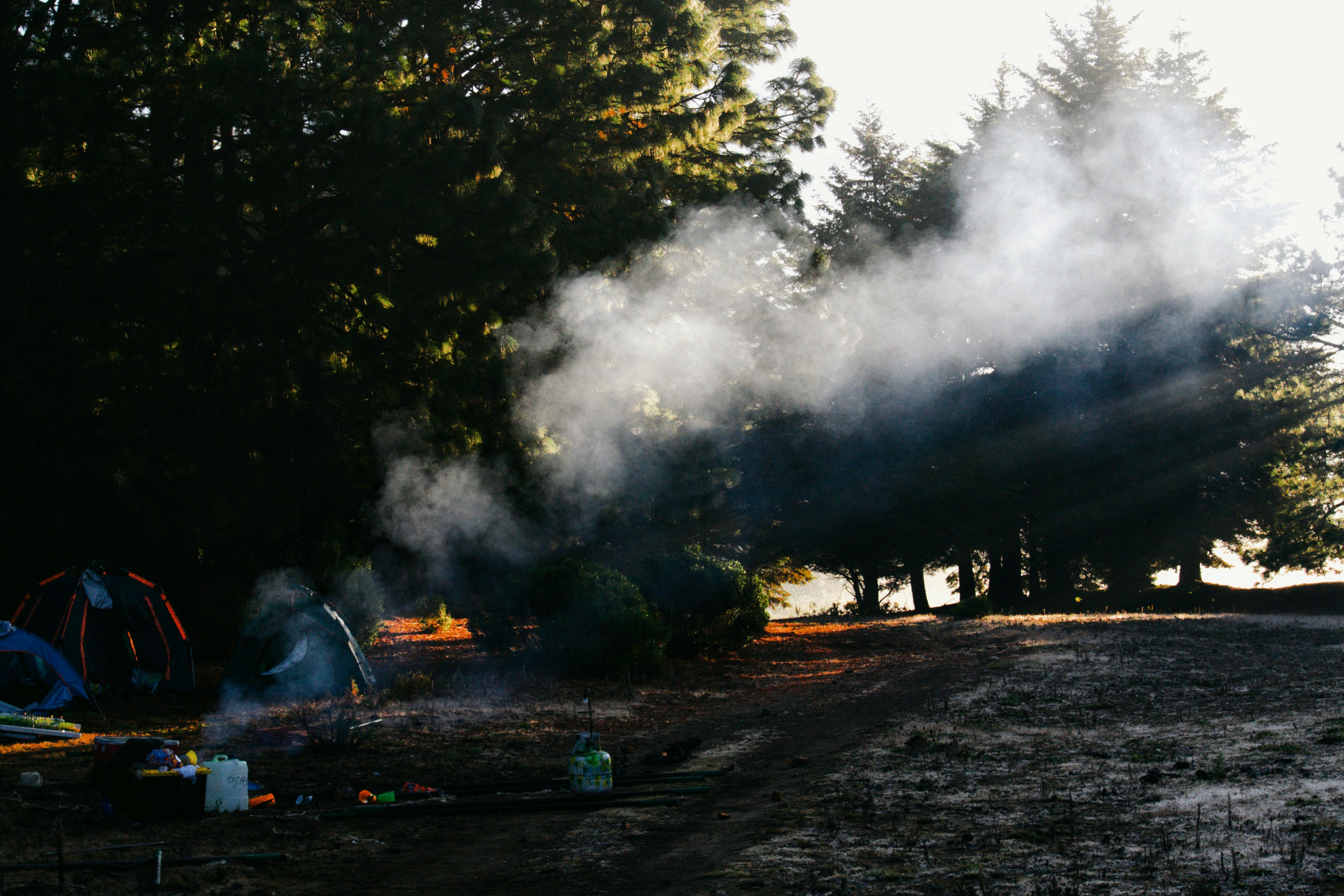 Smoke rising from a campfire at a campsite.