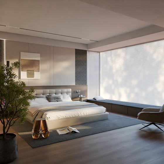 Chambre avec store sur mesure devant une grande fenêtre
