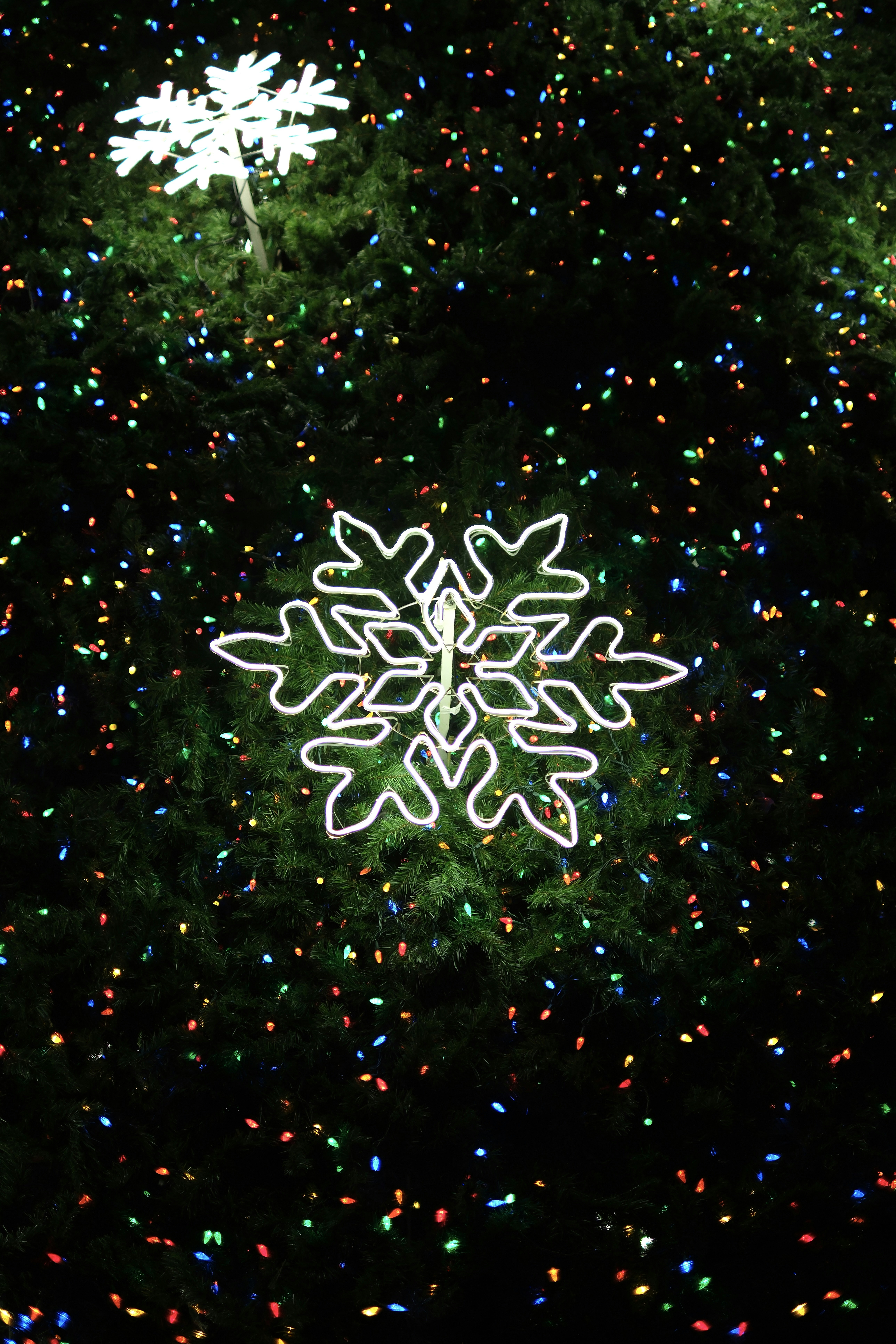 Glowing snowflake decorations with colorful lights