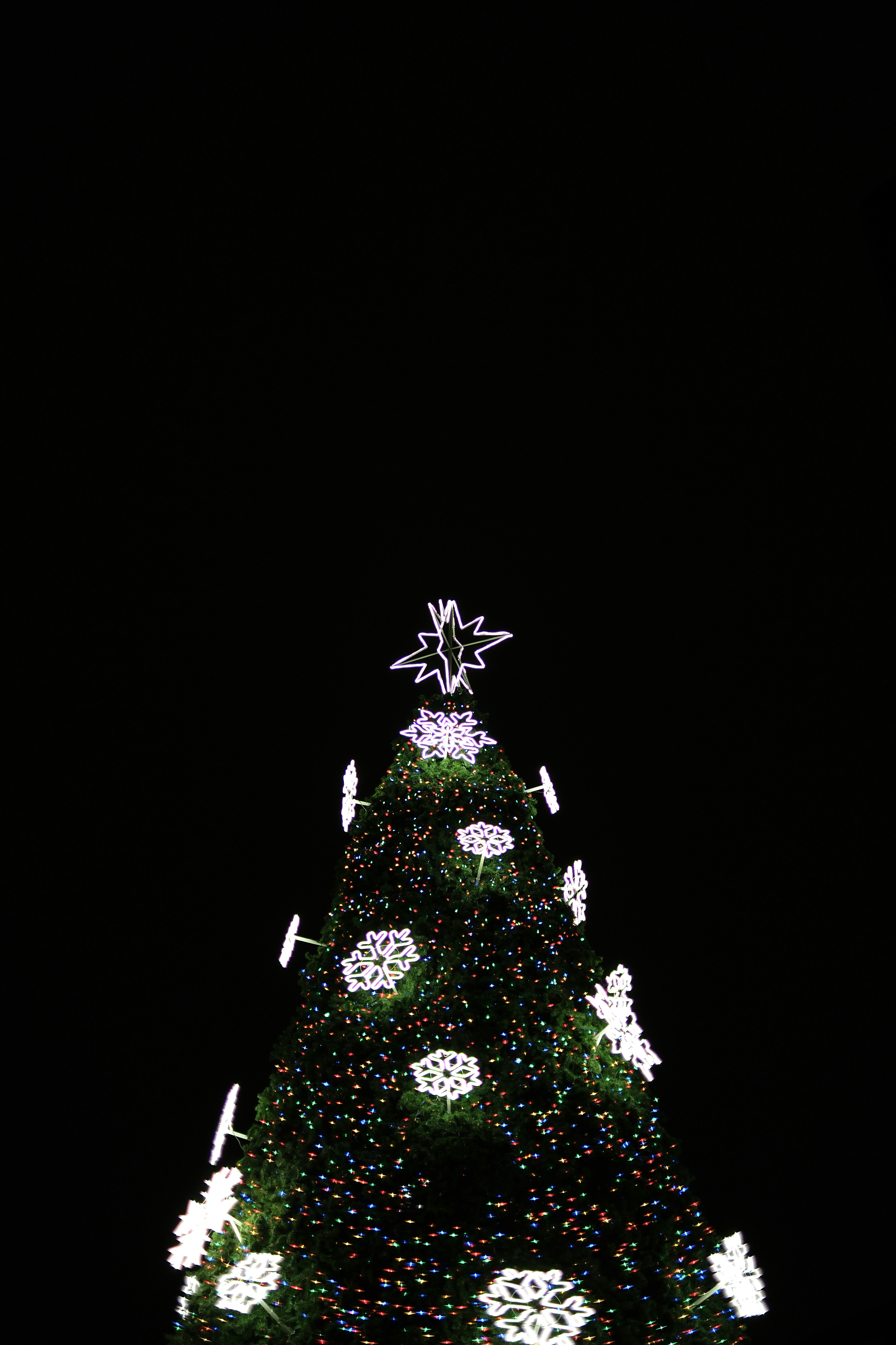 A decorated christmas tree with lights and snowflakes.