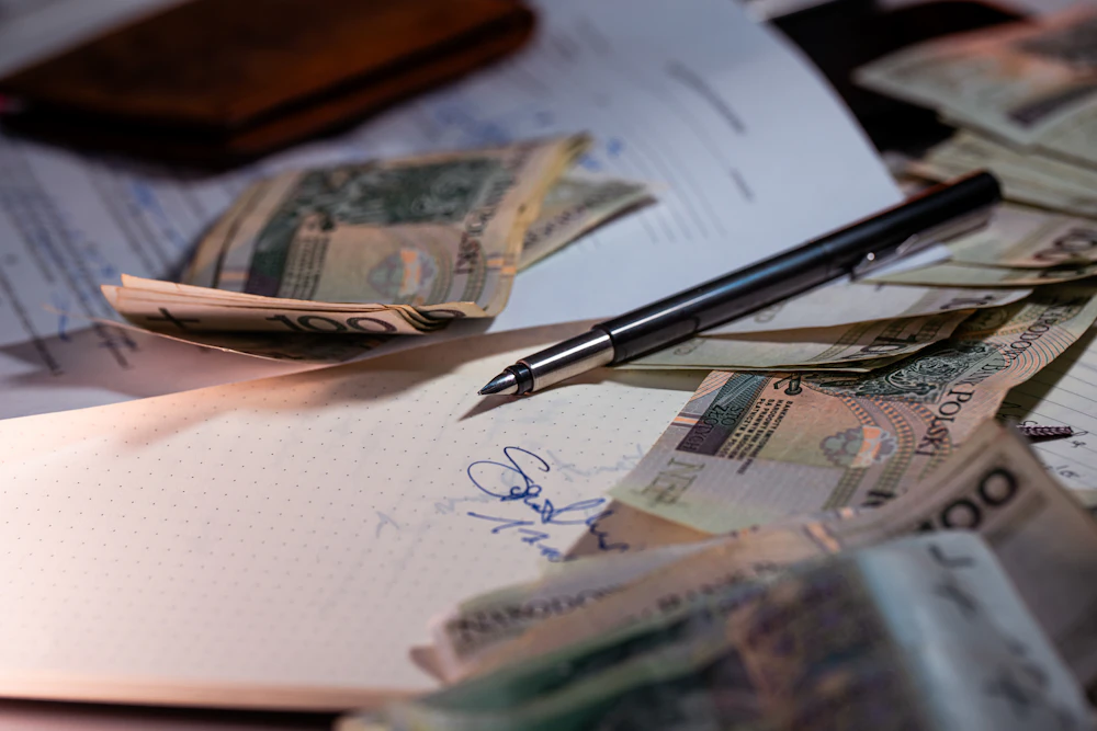 Pen and financial documents laid out on a desk