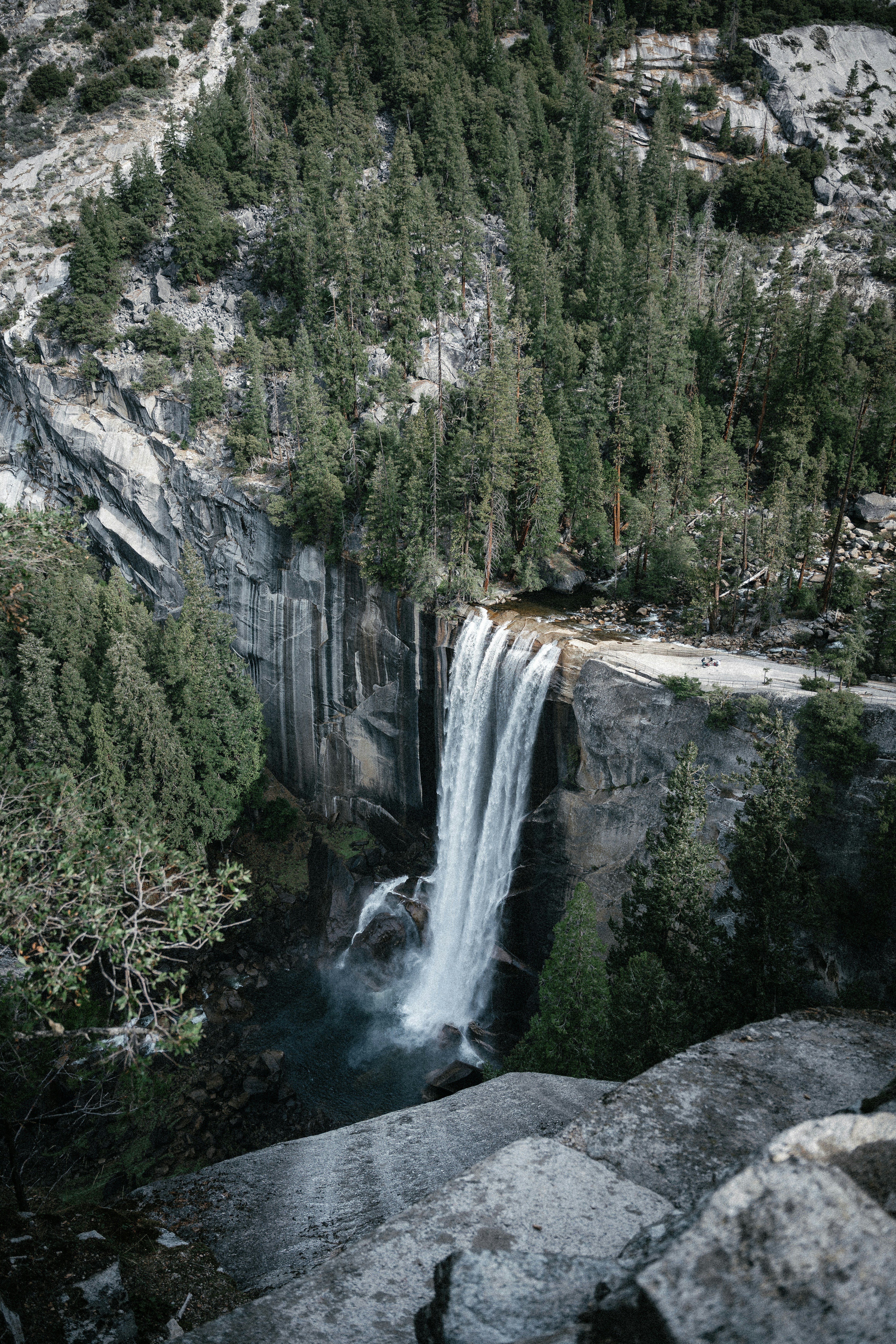 Waterfall cascading down a rocky cliff surrounded by trees