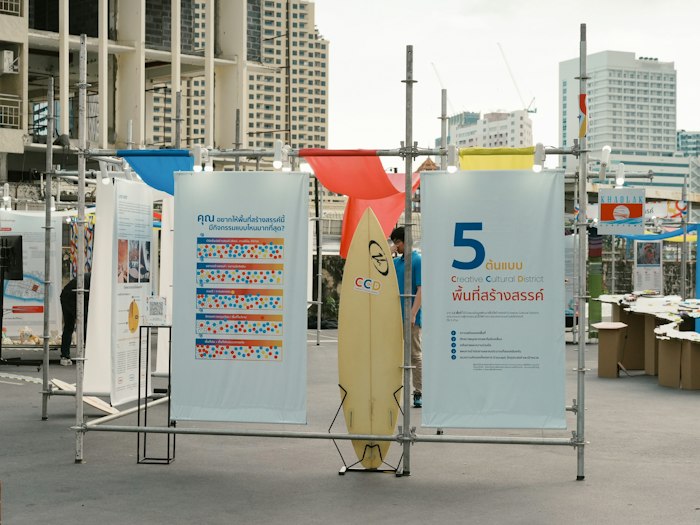 Roll-up banners standing at an exhibition