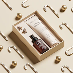 Skincare gift set with festive holiday decorations