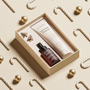 Skincare gift set with festive holiday decorations