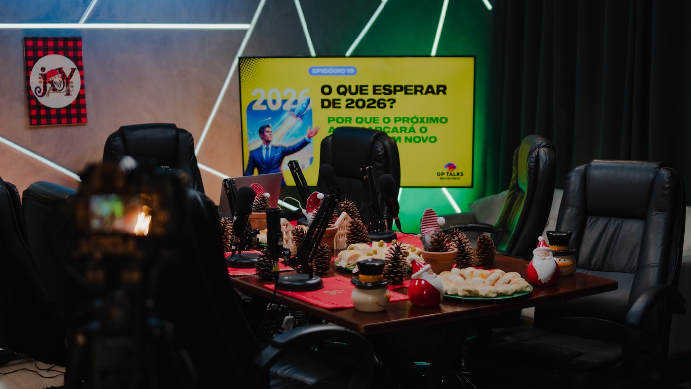 Podcast studio table with microphones and equipment