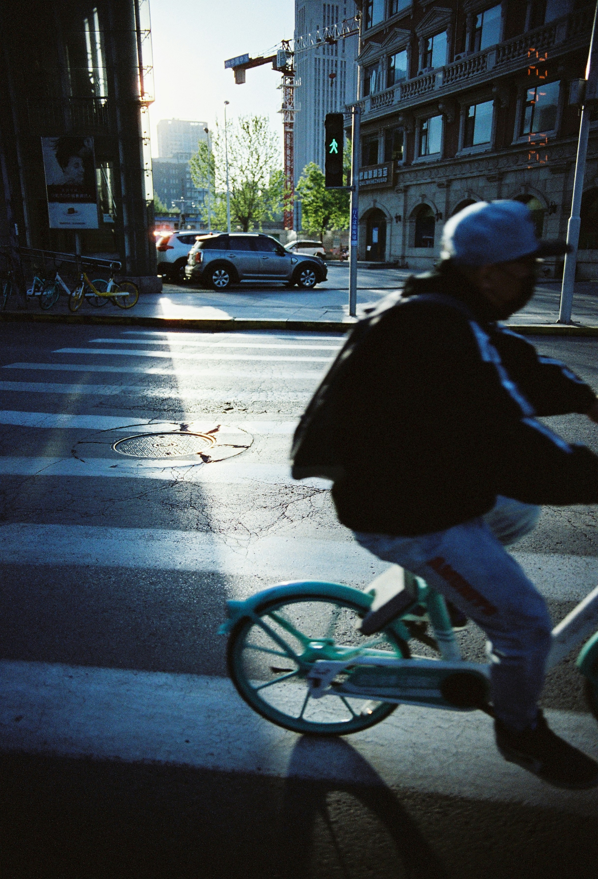 Man rides bicycle across a sunlit crosswalk.