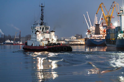 Tugboat navigates a harbor with cargo ships at dusk.
