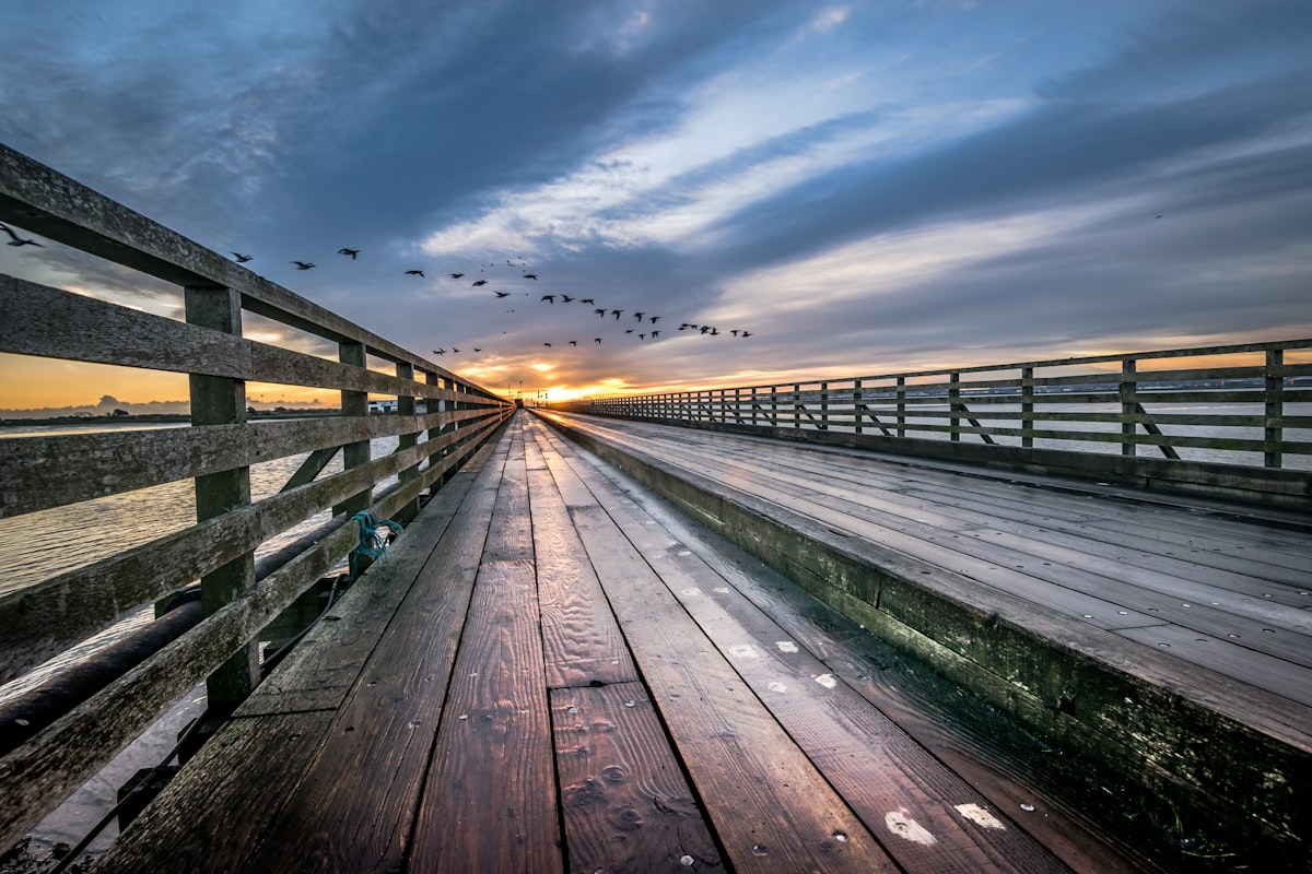 Scenic coastal boardwalk at sunset