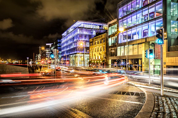 City street with light trails at night