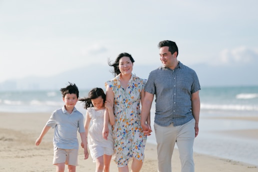 Family walking on a beach