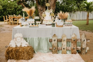 Farm-themed party dessert table with cake and treats.